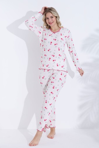 BOYRAZ - Boyraz Kadın Pijama Takımı Uzun Kollu Bisiklet Yaka Kiraz Desenli Berlin Raporlu - Beyaz
