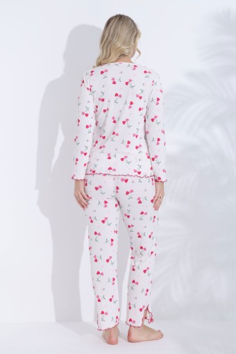 BOYRAZ - Boyraz Kadın Pijama Takımı Uzun Kollu Bisiklet Yaka Kiraz Desenli Berlin Raporlu - Beyaz (1)
