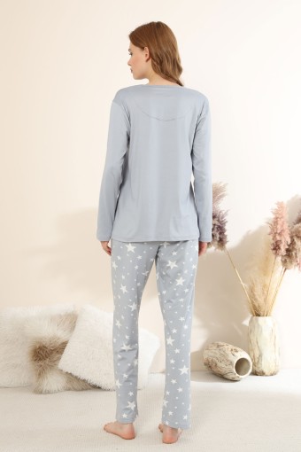 BOYRAZ - Boyraz Kadın Pijama Takımı Uzun Kollu Bisiklet Yaka Yıldız Baskılı Sendy - Gri (1)