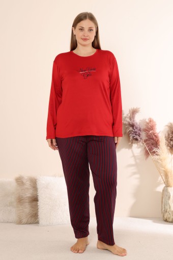 BOYRAZ - Boyraz Kadın Pijama Takımı Uzun Kollu Büyük Beden Bisiklet Yaka Çizgili Sendy - Kırmızı