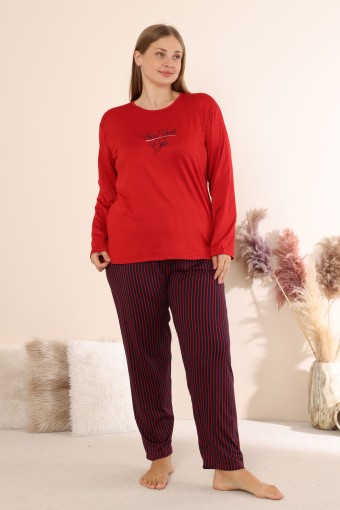 BOYRAZ - Boyraz Kadın Pijama Takımı Uzun Kollu Büyük Beden Bisiklet Yaka Çizgili Sendy - Kırmızı (1)