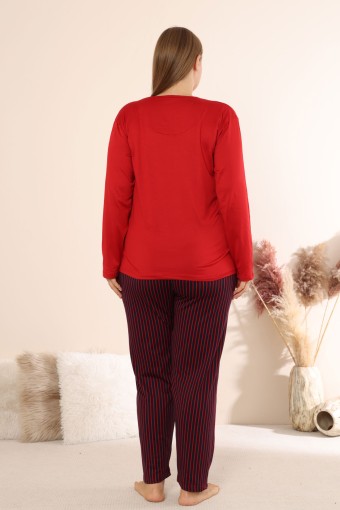 BOYRAZ - Boyraz Kadın Pijama Takımı Uzun Kollu Büyük Beden Bisiklet Yaka Çizgili Sendy - Kırmızı (1)