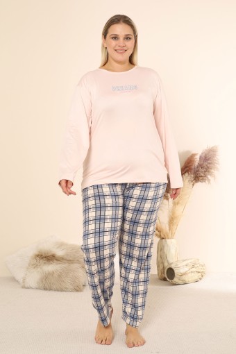 BOYRAZ - Boyraz Kadın Pijama Takımı Uzun Kollu Büyük Beden Bisiklet Yaka Ekose Sendy - Açık Pembe