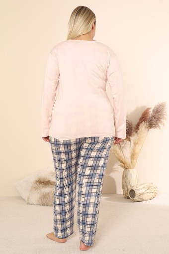 BOYRAZ - Boyraz Kadın Pijama Takımı Uzun Kollu Büyük Beden Bisiklet Yaka Ekose Sendy - Açık Pembe (1)