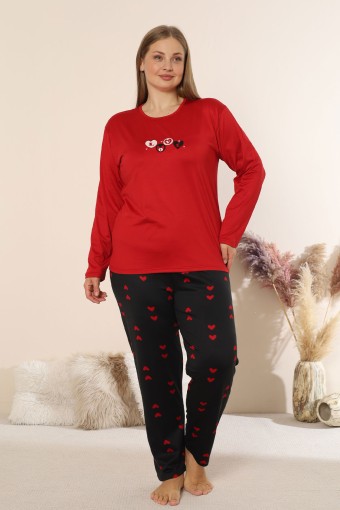 BOYRAZ - Boyraz Kadın Pijama Takımı Uzun Kollu Büyük Beden Bisiklet Yaka Kalp Desenli Sendy - Kırmızı