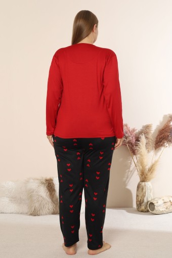 BOYRAZ - Boyraz Kadın Pijama Takımı Uzun Kollu Büyük Beden Bisiklet Yaka Kalp Desenli Sendy - Kırmızı (1)