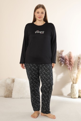 BOYRAZ - Boyraz Kadın Pijama Takımı Uzun Kollu Büyük Beden Bisiklet Yaka Kalp Desenli Sendy - Siyah
