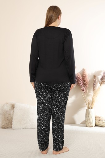 BOYRAZ - Boyraz Kadın Pijama Takımı Uzun Kollu Büyük Beden Bisiklet Yaka Kalp Desenli Sendy - Siyah (1)