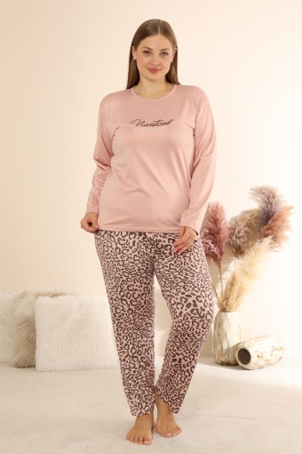 BOYRAZ - Boyraz Kadın Pijama Takımı Uzun Kollu Büyük Beden Bisiklet Yaka Leopar Desenli Sendy - Pudra