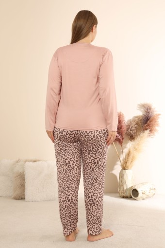 BOYRAZ - Boyraz Kadın Pijama Takımı Uzun Kollu Büyük Beden Bisiklet Yaka Leopar Desenli Sendy - Pudra (1)