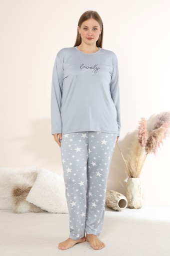 BOYRAZ - Boyraz Kadın Pijama Takımı Uzun Kollu Büyük Beden Bisiklet Yaka Yıldız Baskılı Sendy - Gri