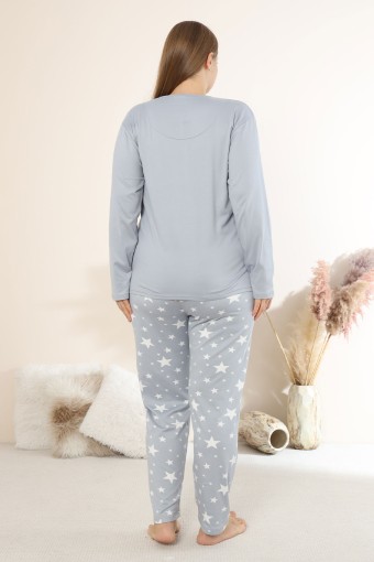 BOYRAZ - Boyraz Kadın Pijama Takımı Uzun Kollu Büyük Beden Bisiklet Yaka Yıldız Baskılı Sendy - Gri (1)