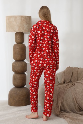 BOYRAZ - Boyraz Kadın Pijama Takımı Uzun Kollu Gömlek Yaka Yılbaşı Desenli Süet - Kırmızı (1)