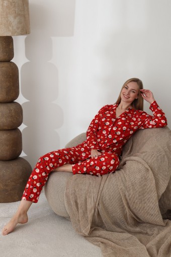 BOYRAZ - Boyraz Kadın Pijama Takımı Uzun Kollu Gömlek Yaka Yılbaşı Desenli Süet - Kırmızı (1)