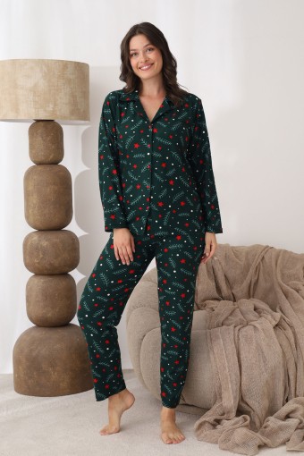 BOYRAZ - Boyraz Kadın Pijama Takımı Uzun Kollu Gömlek Yaka Yılbaşı Desenli Süet - Yeşil