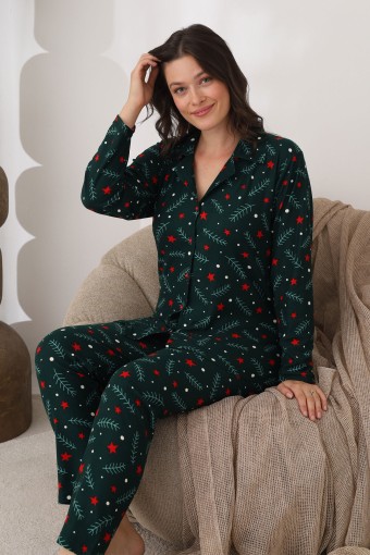 BOYRAZ - Boyraz Kadın Pijama Takımı Uzun Kollu Gömlek Yaka Yılbaşı Desenli Süet - Yeşil (1)