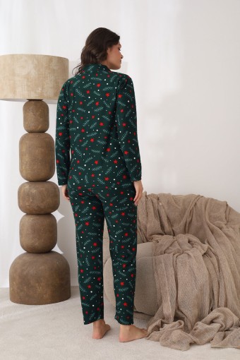 BOYRAZ - Boyraz Kadın Pijama Takımı Uzun Kollu Gömlek Yaka Yılbaşı Desenli Süet - Yeşil (1)
