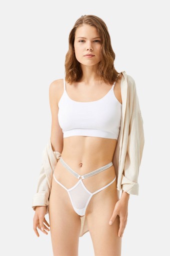 COTTON HİLL - Cotton Hill Kadın Tüllü Ayarlanabilir Lastikli Taş İşlemeli String Külot - Beyaz - S