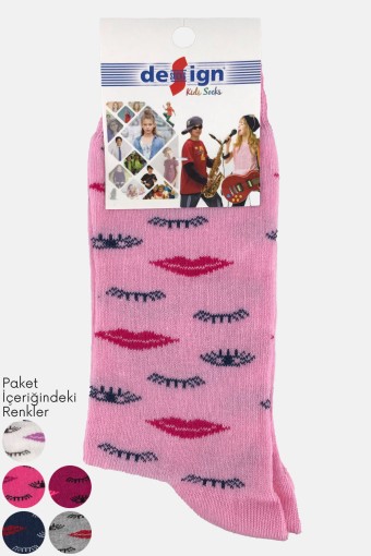 DESIGN - Design Kız Çocuk Soket Çorap Likralı Dudak-1 Desenli