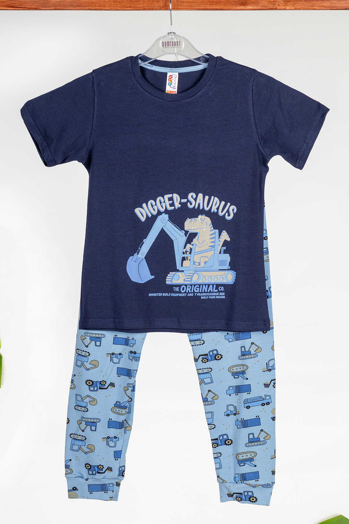 Domi Erkek Çocuk Pijama Takımı Kısa Kollu Pamuklu Digger Baskılı Paça Manşetli - Lacivert - Thumbnail