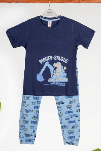 Domi - Domi Erkek Çocuk Pijama Takımı Kısa Kollu Pamuklu Digger Baskılı Paça Manşetli - Lacivert