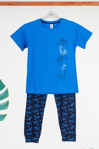 Domi - Domi Erkek Çocuk Pijama Takımı Kısa Kollu Pamuklu Oyun Kolu Baskılı Paça Manşetli - Mavi