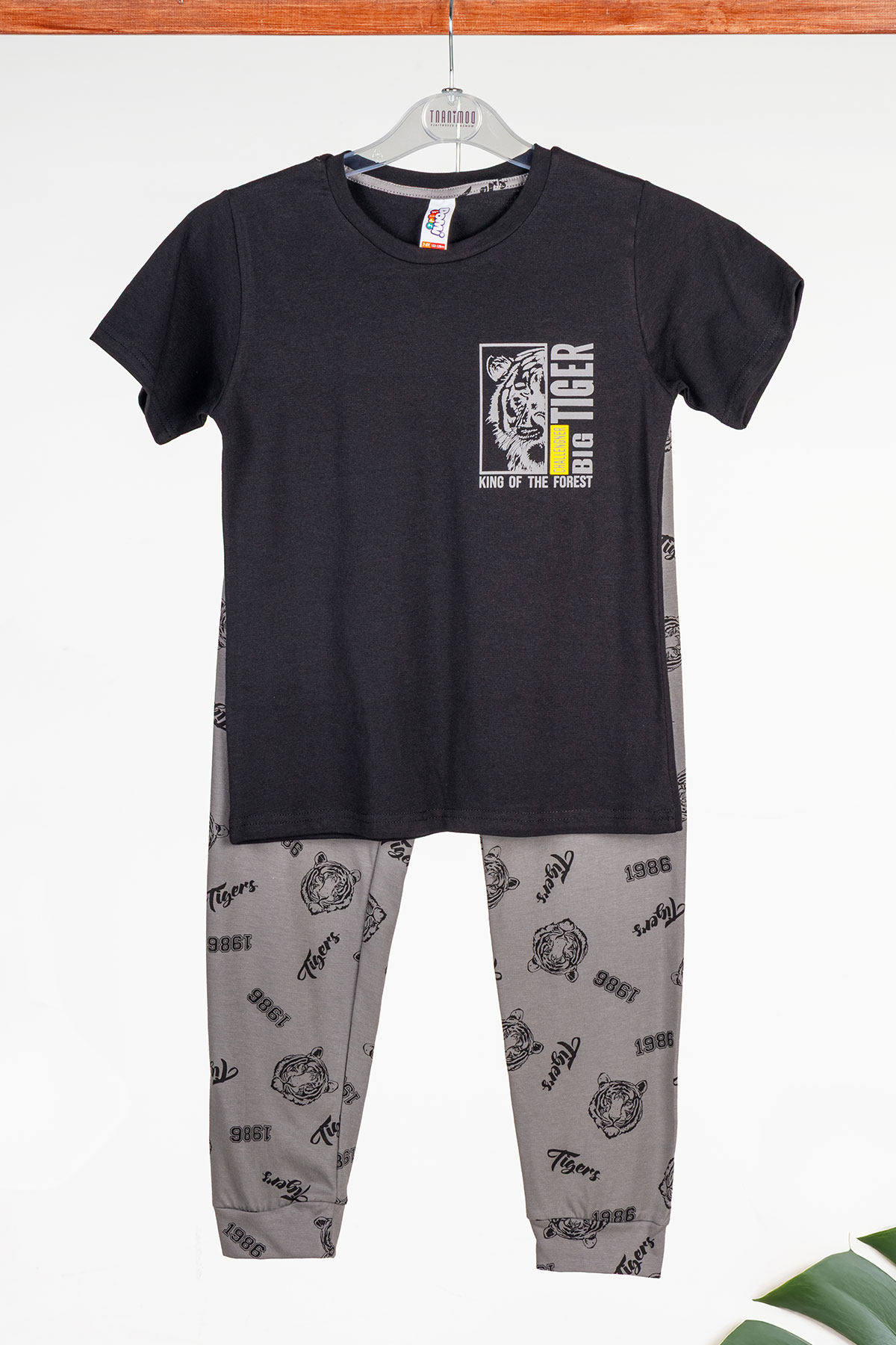 Domi Erkek Çocuk Pijama Takımı Kısa Kollu Pamuklu Tiger Baskılı Paça Manşetli - Siyah - Thumbnail