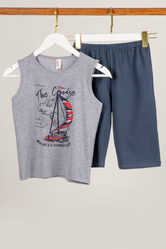 Domi - Domi Erkek Çocuk Şortlu Takım Kalın Askılı Pamuklu Yelken Baskılı - Gri