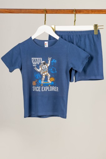 Domi - Domi Erkek Çocuk Şortlu Takım Kısa Kollu Pamuklu Astronot Baskılı - Lacivert