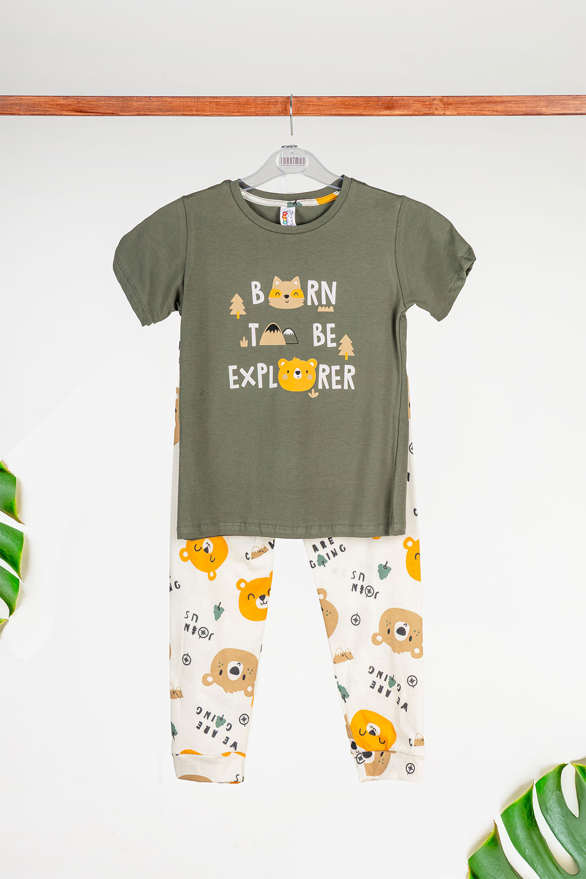 Domi Kids Erkek Çocuk Pijama Takımı Kısa Kollu Paça Manşetli Bear Baskılı - Yeşil - Thumbnail