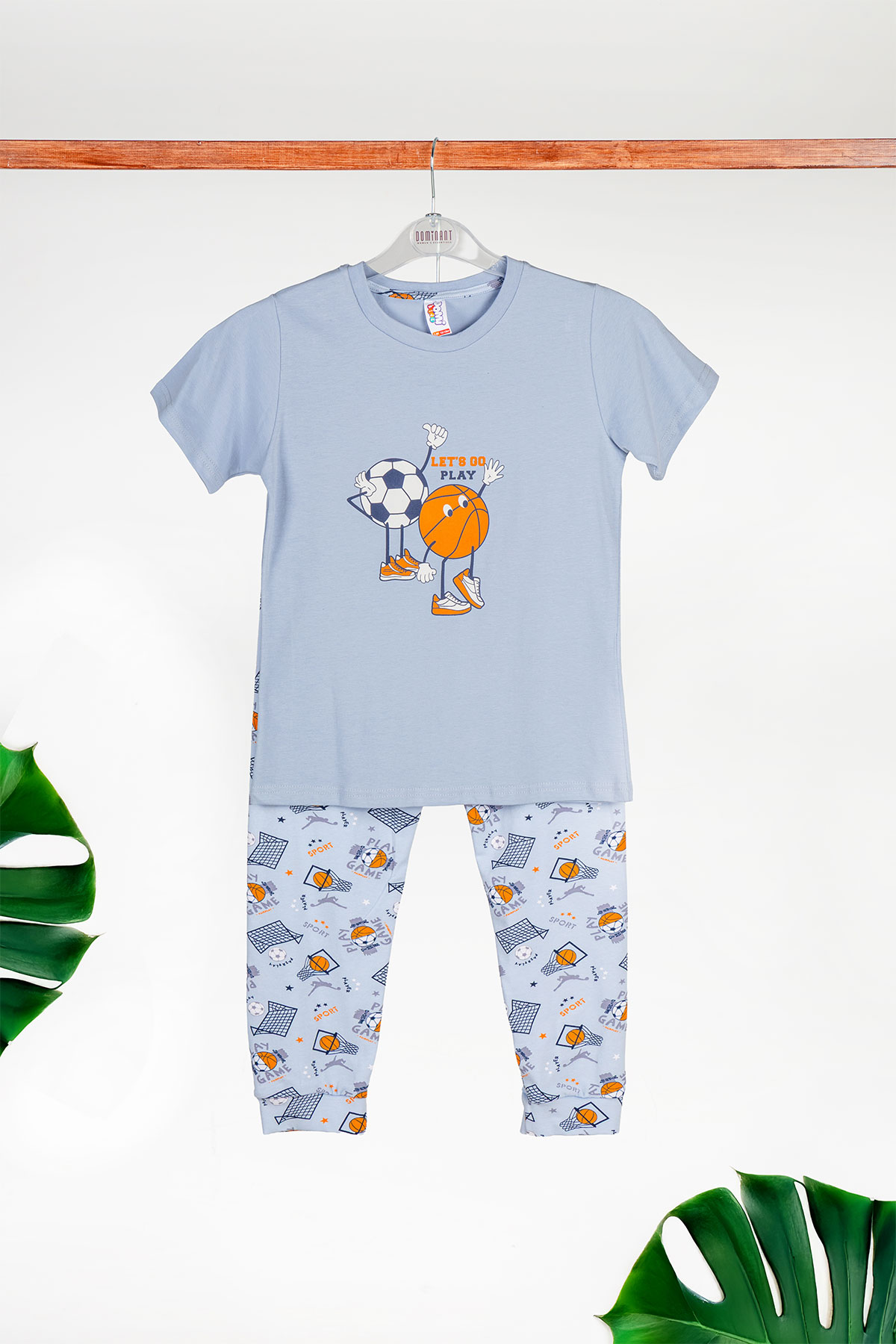 Domi Kids Erkek Çocuk Pijama Takımı Kısa Kollu Paça Manşetli Top Baskılı - Mavi - Thumbnail