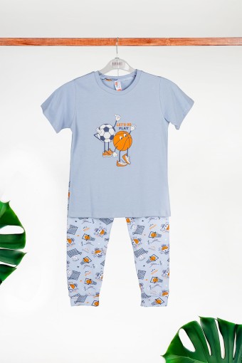 Domi - Domi Kids Erkek Çocuk Pijama Takımı Kısa Kollu Paça Manşetli Top Baskılı - Mavi