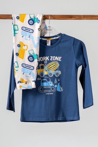 Domi - Domi Kids Erkek Çocuk Pijama Takımı Uzun Kollu Araba Baskılı Pamuklu - Lacivert