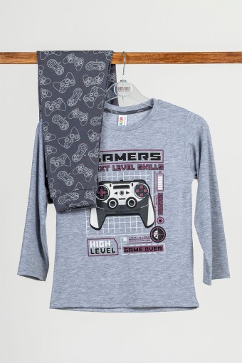 Domi - Domi Kids Erkek Çocuk Pijama Takımı Uzun Kollu Desenli Pamuklu - Gri