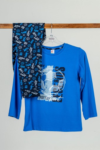 Domi - Domi Kids Erkek Çocuk Pijama Takımı Uzun Kollu Desenli Pamuklu - Mavi