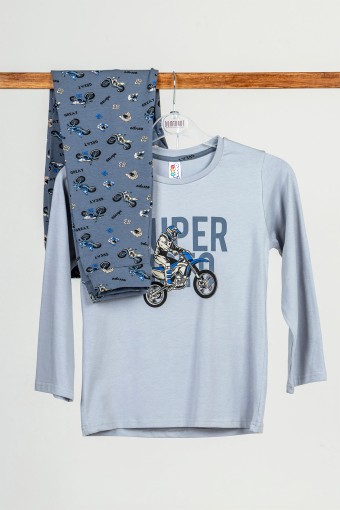 Domi - Domi Kids Erkek Çocuk Pijama Takımı Uzun Kollu Motor Baskılı Pamuklu - Gri