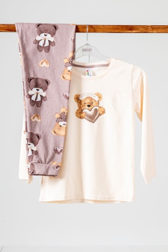 Domi - Domi Kids Kız Çocuk Pijama Takımı Uzun Kollu Ayıcık Baskılı Pamuklu - Somon