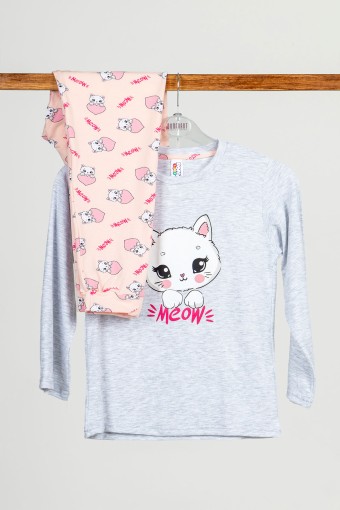 Domi - Domi Kids Kız Çocuk Pijama Takımı Uzun Kollu Kedi Baskılı Pamuklu - Gri