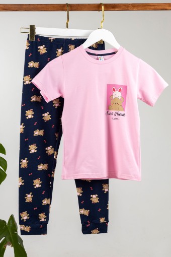 Domi - Domi Kız Çocuk Pijama Takımı Kısa Kollu Pamuklu Ayıcık Baskılı Paça Manşetli - Pembe