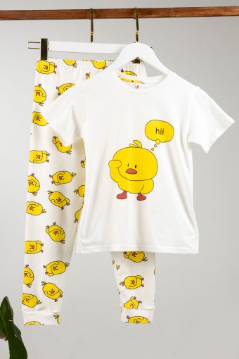 Domi - Domi Kız Çocuk Pijama Takımı Kısa Kollu Pamuklu Civciv Baskılı Paça Manşetli - Ekru