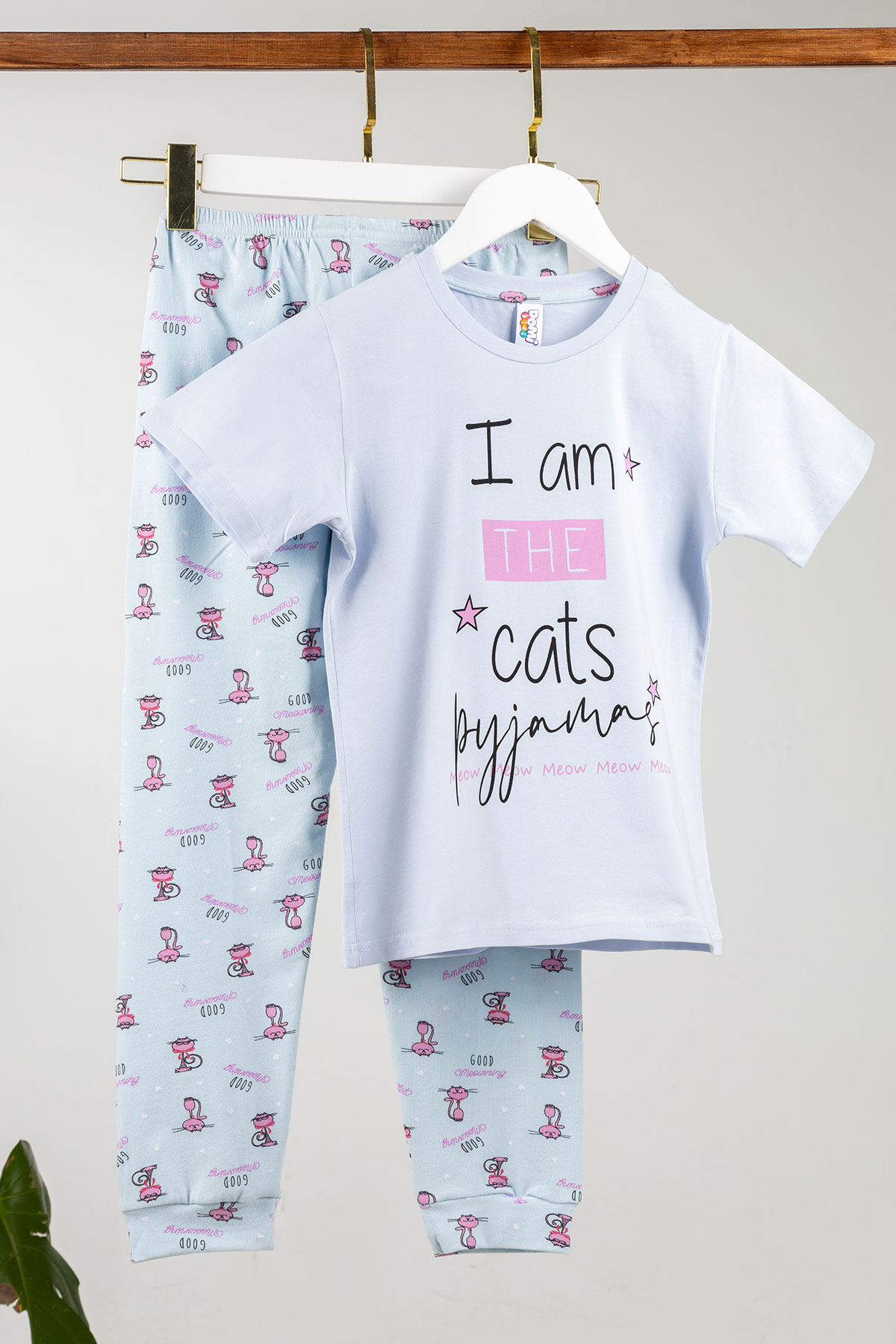 Domi Kız Çocuk Pijama Takımı Kısa Kollu Pamuklu Kedi Baskılı Paça Manşetli - Lila - Thumbnail