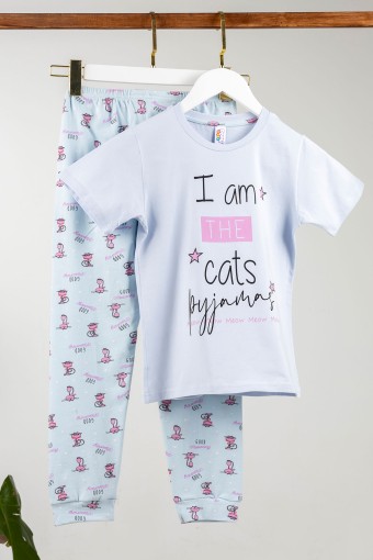 Domi - Domi Kız Çocuk Pijama Takımı Kısa Kollu Pamuklu Kedi Baskılı Paça Manşetli - Lila