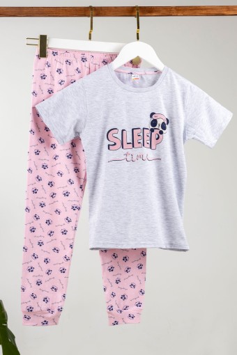Domi - Domi Kız Çocuk Pijama Takımı Kısa Kollu Pamuklu Panda Baskılı Paça Manşetli - Gri