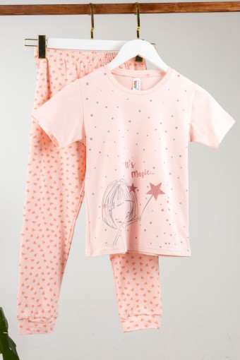Domi - Domi Kız Çocuk Pijama Takımı Kısa Kollu Pamuklu Simli Yıldız Kalp Baskılı Paça Manşetli - Somon