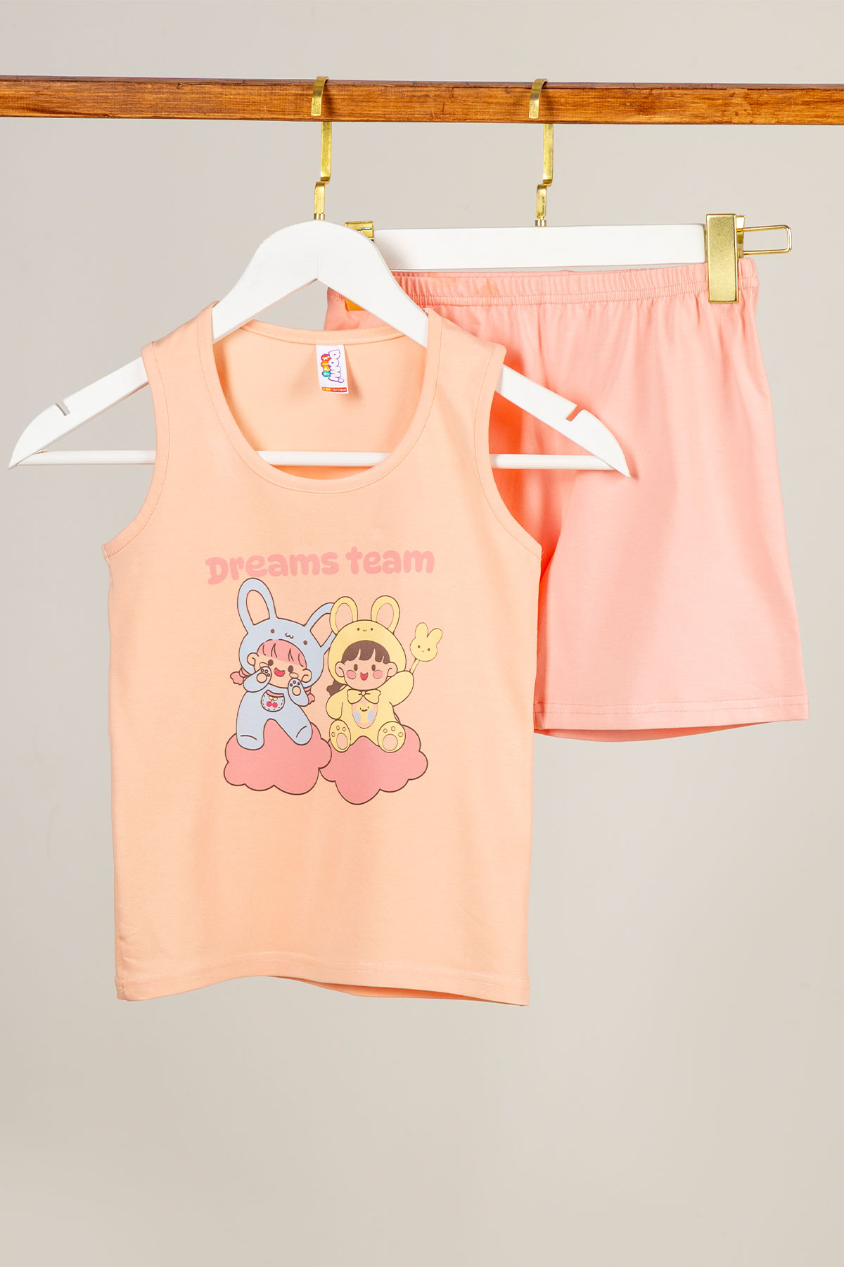 Domi Kız Çocuk Şortlu Takım Kalın Askılı Pamuklu Dream Team Yazılı - Somon - Thumbnail