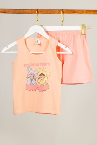 Domi - Domi Kız Çocuk Şortlu Takım Kalın Askılı Pamuklu Dream Team Yazılı - Somon