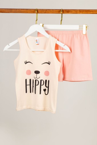 Domi - Domi Kız Çocuk Şortlu Takım Kalın Askılı Pamuklu Happy Yazılı - Açık Pembe