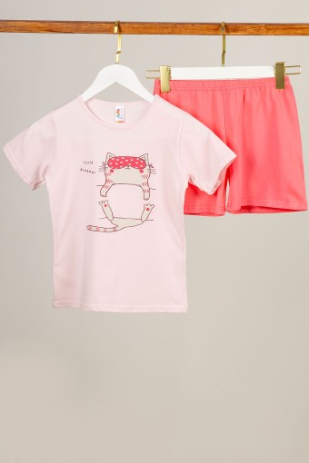 Domi - Domi Kız Çocuk Şortlu Takım Kısa Kollu Pamuklu Uyuyan Kedi Baskılı - Pembe