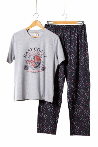 Rockhard - Rockhard Erkek Pijama Takımı Kısa Kollu East Coast Yazılı - Gri