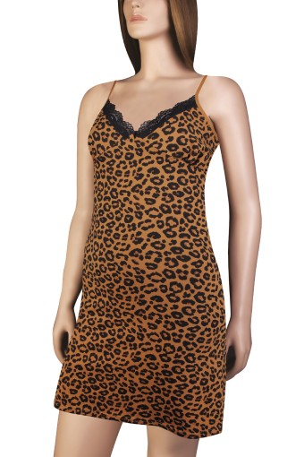 DOMİNANT - Dominant Kadın Elbise İp Askılı Pamuk Yakası Danteli Kısa - Leopar